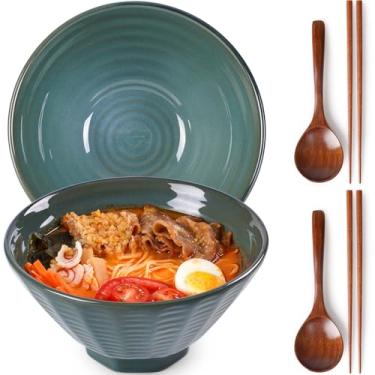 Imagem de NUTRIUPS Conjunto de 2 tigelas de cerâmica para ramen com pauzinhos e colheres, tigela grande de ramen de 1,5 l - verde oceano profundo