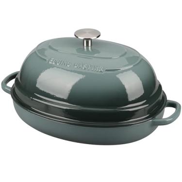 Imagem de EDGING CASTING Panela de forno holandês de ferro fundido oval esmaltado com tampa, forno holandês de pão para assar pão de fermento, 6 litros, azul ardósia