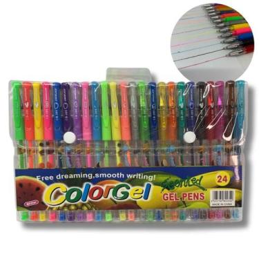 Imagem de Kit 24 Canetas Coloridas Color Gel Glitter Frutas Escolar - Dexin