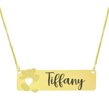 Imagem de Colar Personalizado Ursinho Coração Vazado Gravação Tiffany Banhado Ouro 18K - 999012474