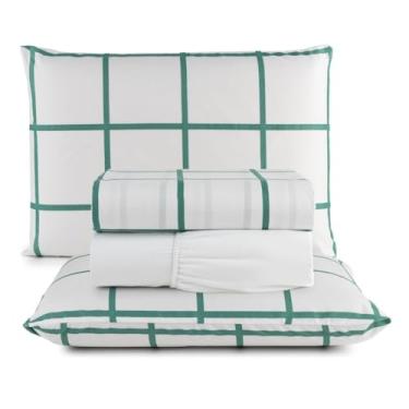 Imagem de Jogo de Cama Casal Box 4 Peças Micropercal 200 Fios com Lençol com Elástico e Fronhas – Toque Aveludado(Grid Branco c/Verde)