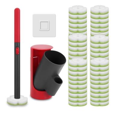 Imagem de Sistema de limpeza de escova de vaso sanitário descartável com refis de limpador de varinha, bastão de limpeza de banheiro, kit de varinha de vaso sanitário montado na parede, 60 escovas descartáveis