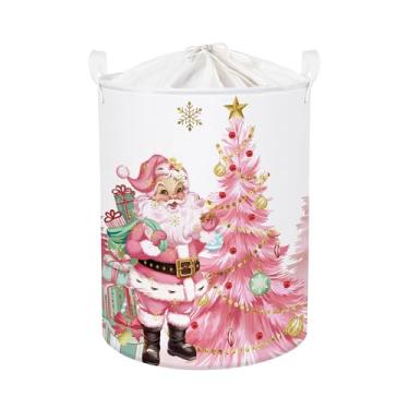 Imagem de HUUMONSS Cesto de roupa suja para bebês de Papai Noel rosa cesta de armazenamento infantil grande poinsétia rena trenó floco de neve caixa de presente para meninas, árvore, 63L