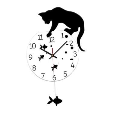 Imagem de Generic Relógio de parede para quarto infantil, gato e peixes, moda fofa e silenciosa para crianças, pêndulo de acrílico para decoração de sala de estar, 32cmx50cm