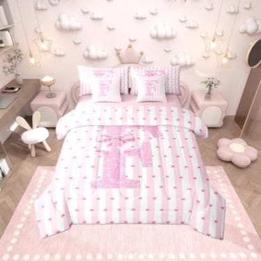 Imagem de Erosebridal Jogo de cama solteiro com laço em uma bolsa, monograma, F, para decoração de quarto de crianças, adolescentes e adultos, conjunto de cama de 7 peças de princesa kawaii