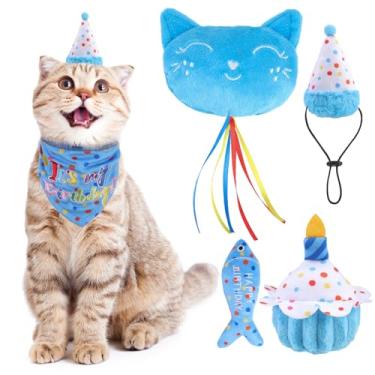 Imagem de BINGPET Brinquedos De Aniversário Para Gatos Com Catnip Domésticos, Chapéu Gatos, Bandana E Bolo, Pelúcia Interativos Mastigar Gatinhos, Peixinhos Fofos, Balão Papel Amassado Dentro (Azul-Celeste)