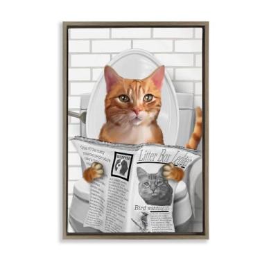 Imagem de Stupell Industries Desenho de arte de parede em tela flutuante marrom com gato caprichoso no vaso sanitário por Matthew Piotrowicz, 78 x 53 cm