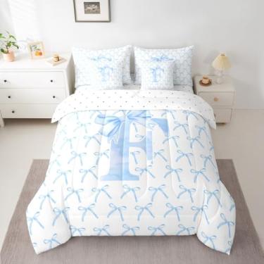 Imagem de Conjunto de cama solteiro com laço de desenho animado com 7 peças, gravata borboleta azul letra F nó princesa para meninas, laço aquarela, patchwork, azul, branco (edredom + elástico + plano+2 fronhas