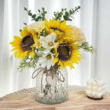 Imagem de Flores falsas em vaso, buquês de girassol artificial em vaso com um suporte de arranjo de flores, centros de mesa para sala de jantar, centros de mesa para mesas, flores falsas em vaso, decoração de