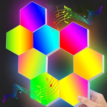Imagem de EXQSERAMC Painéis de luz hexagonais modulares RGB inteligentes LED emenda hexágono brilhante humor lâmpada de parede sincronização de música criativo DIY luzes geométricas para jogos painel em forma