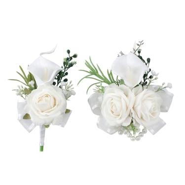 Imagem de Floinla Conjunto de corpete branco marfim e flor na lapela para formatura de casamento, pulseiras de corsage de flor de lírio de calla artificial, pulseira de baile, lapela para decoração de terno