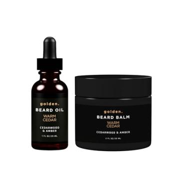 Imagem de Pacote de óleo e bálsamo para barba Golden Grooming para homens | Kit de crescimento natural com manteiga de karité | Bálsamo de 60 ml e óleo de 30 ml | Cedro quente
