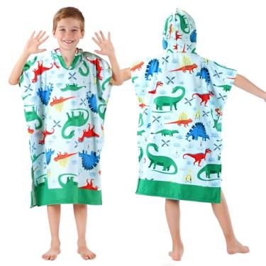 Imagem de Toalhas de praia com capuz para crianças de 2 a 6 anos, lindo tema de dinossauro para meninos, saída de banho para banheiro, 56 x 66 cm, poncho de toalha de banho verde de secagem rápida, perfeito
