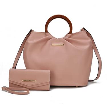 Imagem de MKF Collection Conjunto de bolsa de ombro para mulheres, bolsa de mão de couro vegano circular de madeira com alça superior, Leilani, rosa