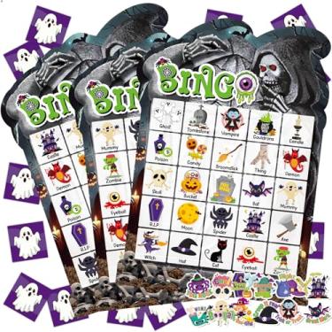 Imagem de 39 peças de jogo de bingo de festa de Halloween para adultos, crianças, 24 jogadores, cartão de jogo de bingo em forma de túmulo com adesivos de recompensas para famílias, amigos, estudantes