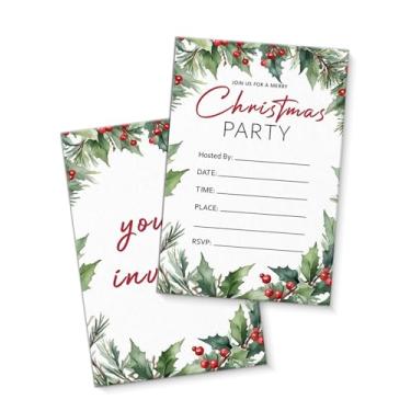 Imagem de QZJ Artigos para convites de festa de Natal com envelopes, conjunto de 20 cones de pinhas aquarela, convites para festas de fim de ano, preencher em branco, dupla face