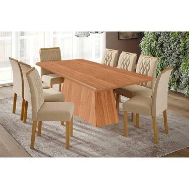 Imagem de Conjunto: Mesa Sala Jantar Helena Tampo Madeirado 210x100cm e 8 Cadeiras Juliana Cinamomo - Carvalho/Suede Nude Bege - Cimol