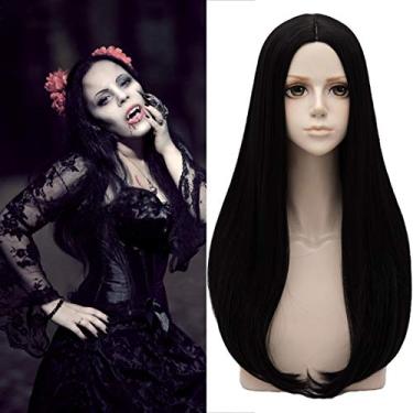 Imagem de WGPFWIG Peruca longa preta de cabelo liso no meio Perucas sintéticas de moda natural para mulheres, meninas, cosplay, festa, Halloween, touca incluída (B e M)
