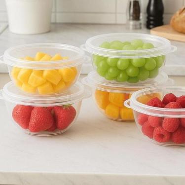 Imagem de Kit Bowls Plásticos Redondos 1L Tampa Transparente Saladeira Marmita M