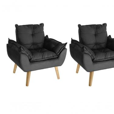 Imagem de Kit 02 Poltrona/cadeira Decorativa Glamour Opala Com Pés Quadrado Preto