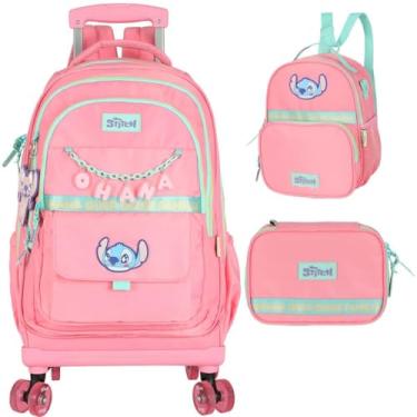 Imagem de Mochila Infantil Rodinhas Stitch com Lancheira e Estojo MC50082SC Salmão