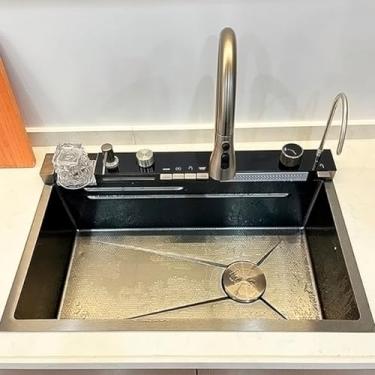 Imagem de Cuba de Cozinha Premium, Aço Inoxidável 304, 50x25cm, com Torneira Gourmet, Cascata, Kit Completo 9 Peças, Estilo Americano, Montagem em Bancada (Cinza Escuro)