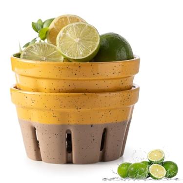 Imagem de Gomakren Tigela de frutas com furos, conjunto de 2 cestas de frutas de cerâmica, recipientes redondos de armazenamento de frutas de 14 cm, cestas de morango, decoração de cozinha de fazenda, amarelo +
