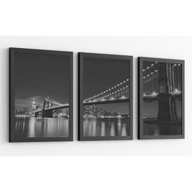Imagem de Arte de parede da ponte do Brooklyn, impressão em tela do horizonte da cidade de Nova York, foto noturna em preto e branco, imagem emoldurada moderna para quarto, sala de estar, decoração de casa, 3