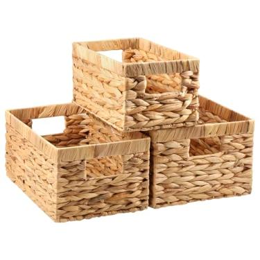 Imagem de Cesta decorativa feita à mão, 3 peças, cesta de armazenamento com alça de transporte espessa para despensa e sala de estar