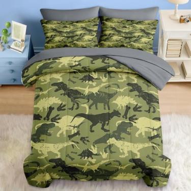 Imagem de Pamnest Jogo de lençol solteiro com estampa de dinossauro, camuflagem e dinossauro, 5 peças, para crianças e adultos, fofo, engraçado, verde com elástico, lençol com elástico para decoração de quarto