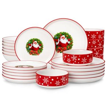 Imagem de MALACASA Conjunto de pratos e tigelas, conjunto de louça de porcelana de Natal com 24 peças, para 8, louças de cerâmica, branco, conjunto de utensílios de jantar, para micro-ondas e lava-louças, série