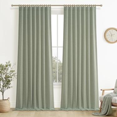 Imagem de Cortinas de linho blecaute verde sálvia 260 cm de comprimento para sala de estar e quarto, cortina plissada para janela com ganchos de pino cinto boho cortinas verdes claras com isolamento térmico