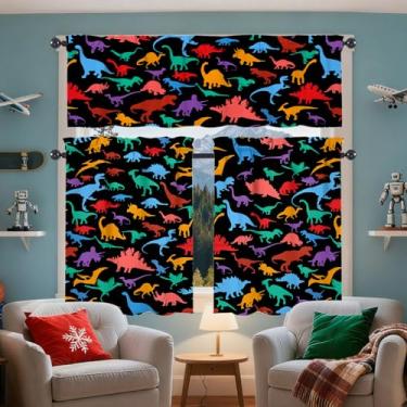 Imagem de Conjunto de cortinas e sanefas de cozinha de dinossauro - Conjunto de 3 cortinas de cozinha de 91 cm de comprimento com saia para janelas, bolso de varão, decoração de cozinha de dinossauro