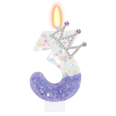 Imagem de ElekFX Vela branca roxa número 3, topo de bolo com coroa de glitter, decorações de festa de aniversário de princesa para meninas e mulheres, lembrancinhas de festa de aniversário