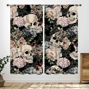 Imagem de Cortinas de janela de caveira, boho, preto, rosa, floral, rosa, bruxa, gótica, misteriosa, caveira, estampa de esqueleto, cortinas para quarto, sala de estar, banheiro, decoração de festival de