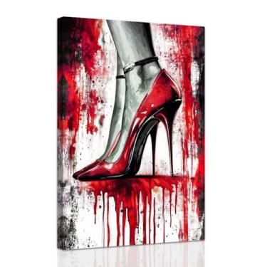 Imagem de ZXHYWYM Arte de parede de mulher negra afro-americana vermelha moda menina imagens de salto alto impressão em tela sala de maquiagem salão de beleza meninas decoração de quarto de vestir emoldurada