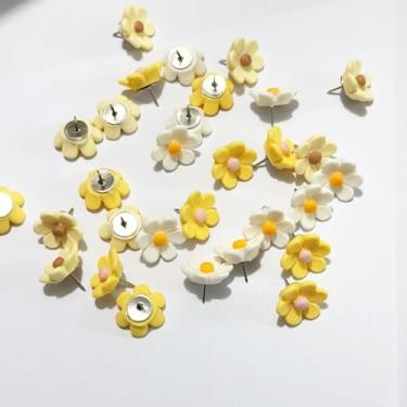 Imagem de 30 peças de pinos de flor amarela, tachinhas decorativas para quadro de avisos, pinos de quadro de cortiça de margarida, tachas decorativas de parede de escritório e casa