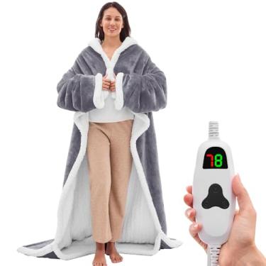 Imagem de greenoak Cobertor elétrico aquecido e confortável – Roupão aquecido com bolso para os pés e mangas para adultos, presentes de inverno para mães e mulheres, temporizador de 5 posições, 10 níveis de
