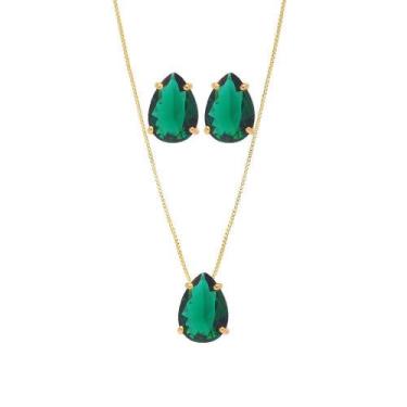 Imagem de Conjunto Colar E Brinco De Gota Pedra Fusion Verde Folheado - Milena J