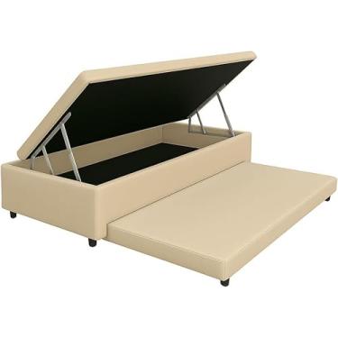 Imagem de Cama Box Báu Solteiro C/Auxiliar com espuma de 6cm, Com Pistão a Gás, Suporta 200kg (Corino bege)