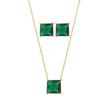 Imagem de Conjunto Colar Brinco Quadrado Pedra Fusion Verde Folheado - Milena Jo