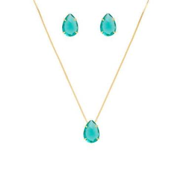 Imagem de Conjunto Colar E Brinco Gota Pedra Verde Folheado A Ouro 18k - Milena 