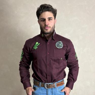 Imagem de Camisa Radade Rodeio Masculina Bordada Manga Longa Cowboy, Vinho, M