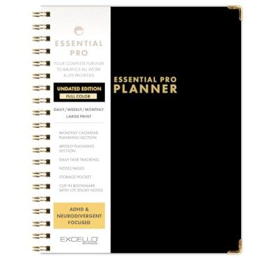 Imagem de DELUXE ESSENTIAL PRO Agenda diária, semanal e mensal sem data, abas mensais, rastreamento diário, páginas de anotações, bolso de armazenamento, marcador de página com notas adesivas (preto)