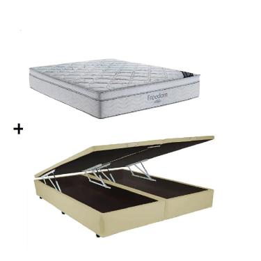 Imagem de Cama Box Baú Queen Bipartido Bege Colchão Freedom Molas Ensacadas 158x198 - Ortobom