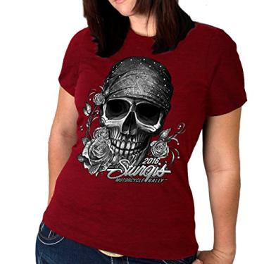 Imagem de Hot Leathers Sturgis 2016 Camiseta feminina de caveira com bandana de rali de motocicleta (vermelho mesclado, médio)