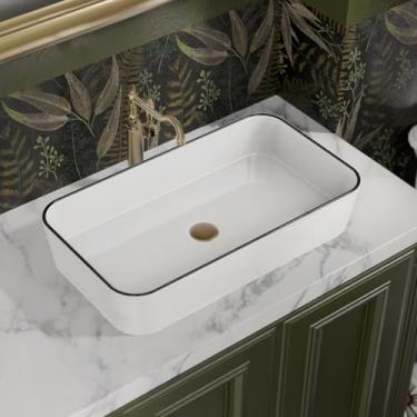 Imagem de ELLAI Pia de vaso de banheiro retangular acima do balcão pia de cerâmica de porcelana montagem superior pia de bancada retangular para banheiro 61 x 33 x 11 cm branco brilhante com borda preta