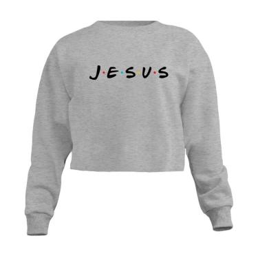 Imagem de Blusa Cropped Moletom Jesus Equilíbrio Bem e Mal Feminino Personalizado com Cintura Descosturada
