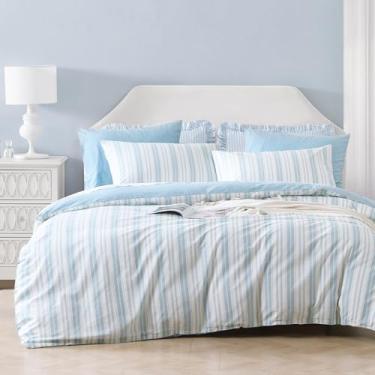 Imagem de LEMIROE Capa de edredom neutra 100% algodão king size 3 peças - listras azuis macias e branco marfim com reverso azul texturizado de linho, conjunto de cama vintage com fecho de botão (104" × 90")