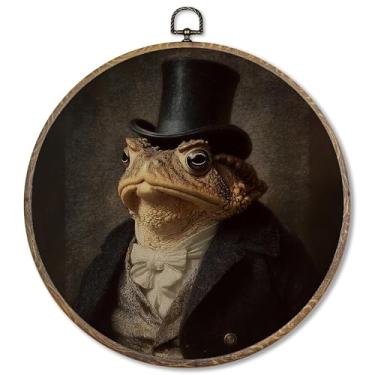 Imagem de FUGWN Vintage Frog Round Wall Art Decor Framed, Dark Moody Academia Frog Canvas Artwork Prints, Retro Rustic Cottagecore Animal Decoração de Parede para Casa Sala de Estar Quarto, 25 x 25 cm